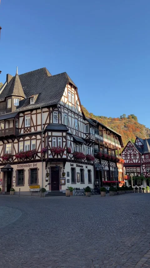 Bacharach, Germany, August 11, 2026 selective focus on colorful facades of .. Stock Footage 345201535