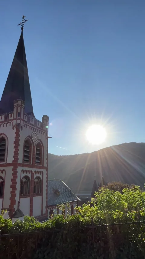 Bacharach, Germany, August 11, 2026 selective focus on historic church surr.. Stock Footage 345201911