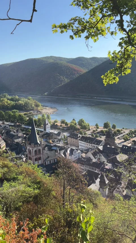 Bacharach, Germany, August 11, 2026 selective focus on historic mountain to.. Stock Footage 345202723