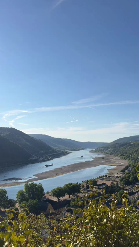 Bacharach, Germany, August 11, 2026 selective focus on river barge sailing .. Stock Footage 345202736
