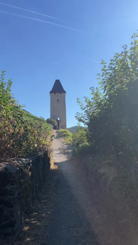 Bacharach, Germany, August 11, 2026 selective focus on old stone tower and .. Stock Footage 345203543
