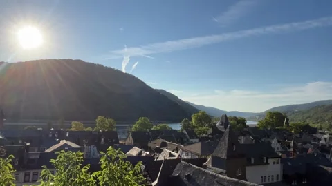Bacharach, Germany, August 12, 2026 elective focus panoramic view of mounta.. Stock Footage 344878544