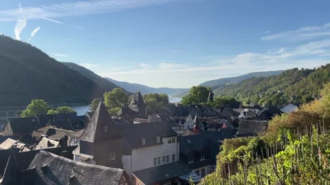 Bacharach, Germany, August 12, 2026 selective focus panoramic Rhine River v.. Stock Footage 344878789
