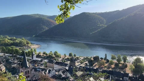 Bacharach, Germany, August 12, 2026 selective focus aerial view of Bacharac.. Stock Footage 344879203