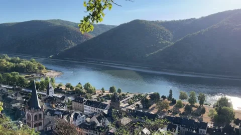Bacharach, Germany, August 12, 2026 selective focus aerial panorama of Bach.. Stock Footage 344879244