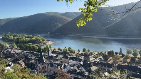 Bacharach, Germany, August 12, 2026 selective focus bird's eye view of Bach.. Stock Footage 344879461