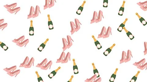 Bachelorette party wedding pattern with pink high heels and champagne bottl.. Stock Illustration