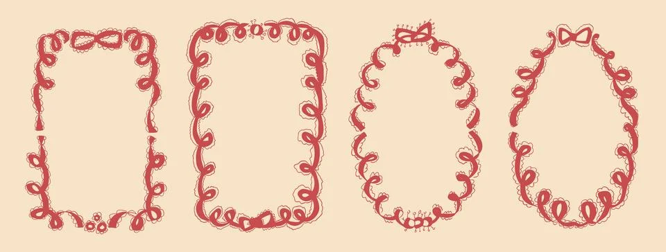 Bachelorette whimsical red lace frames. Coquette borders with bows set. Ribbon Stock Illustration