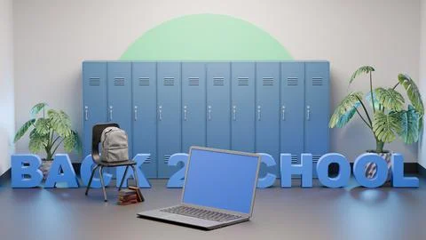 Back 2 School text with laptop in front of lockers and student items Illustrazione stock