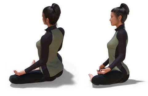 Back 3/4 and Left Profile of a virtual Woman with Sport Outfit in Yoga Easy pose Stock Illustration
