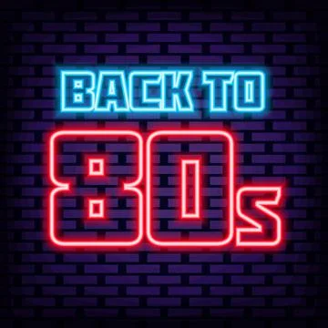 Back to 80s Neon Sign Vector. Glowing with colorful neon light. Light banner. Illustrazione stock
