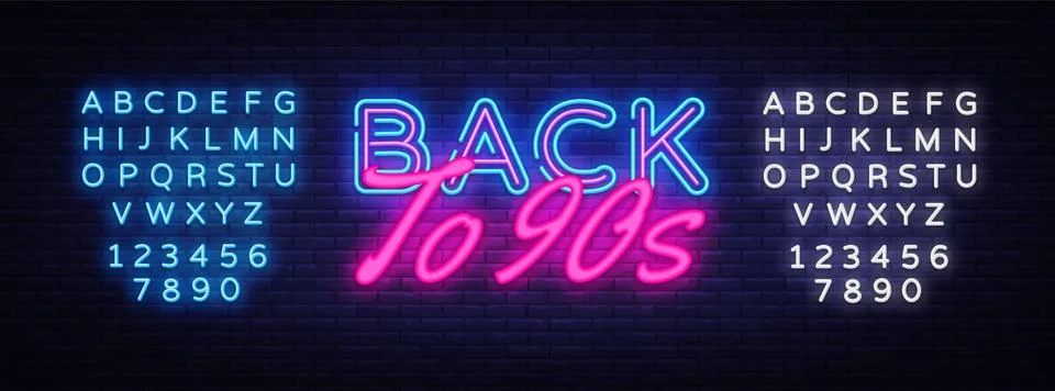 Back to 90s Neon Text Vector. Retro Back to 90s neon sign, design template Stock Illustration