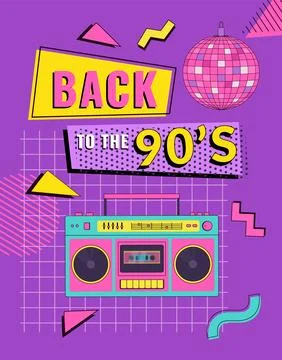 Back to the 90's poster, invitation card or banner with boombox and geometric Stock Illustration