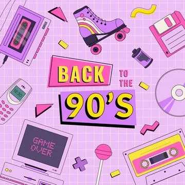 Back to the 90's poster with vintage element. Invitation card with old pc Stock Illustration
