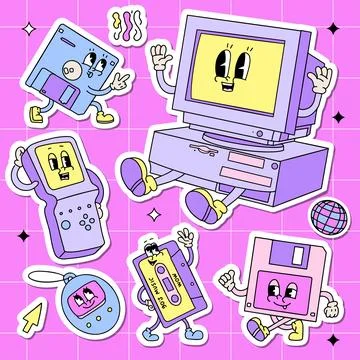 Back to 90s sticker pack. Old fashioned set of old computer pc, vintage misic 스톡 일러스트
