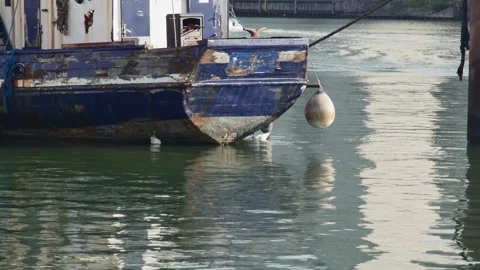 Back of an abandoned old rusty ship in the harbor 스톡 동영상 258550629
