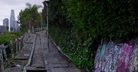 Back alley with graffiti in Echo Park and DTLA skyline view, Los Angeles, Stock Footage 81550120
