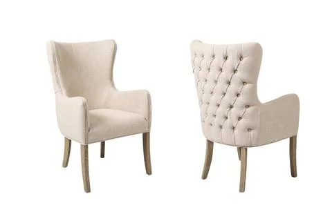 Back and front view of beige wingback tufted armchair on white background Stock Photos
