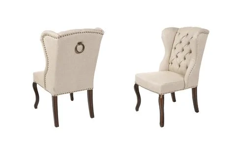 Back and front view of classic wingback tufted dining chair on white backgrou Stock Photos