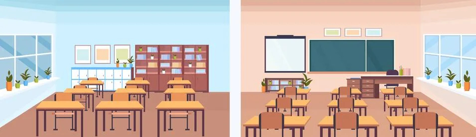 Back and front view modern school classroom interior chalk board teacher desk Illustrazione stock