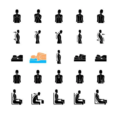 Back and posture problems black glyph icons set on white space 스톡 일러스트