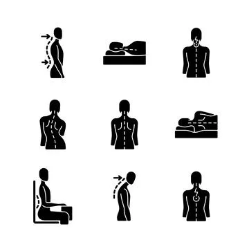 Back and posture problems black glyph icons set on white space Illustrazione stock