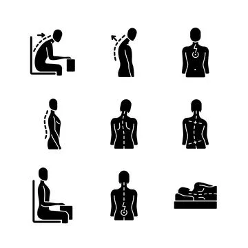Back and posture problems black glyph icons set on white space Illustrazione stock