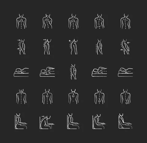 Back and posture problems chalk white icons set on black background Illustrazione stock