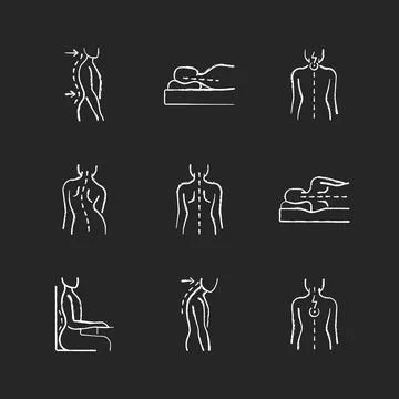 Back and posture problems chalk white icons set on black background Stock Illustration