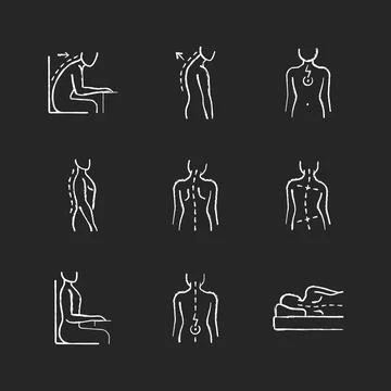 Back and posture problems chalk white icons set on black background Stock Illustration