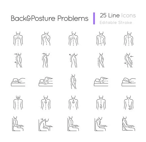 Back and posture problems linear icons set Stock Illustration