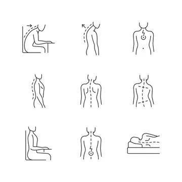 Back and posture problems linear icons set Stock Illustration