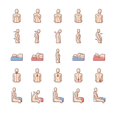 Back and posture problems RGB color icons set Illustrazione stock