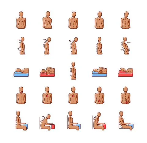 Back and posture problems RGB color icons set 스톡 일러스트