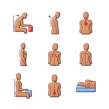 Back and posture problems RGB color icons set Stockillustratie