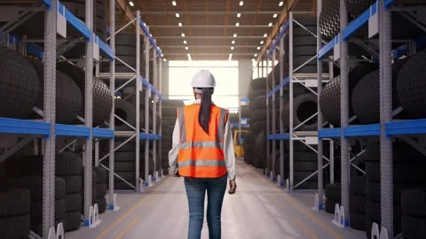 Back of Asian Female Engineer Holding Tablet While Walking at Tire Warehouse Stock Footage 341784653