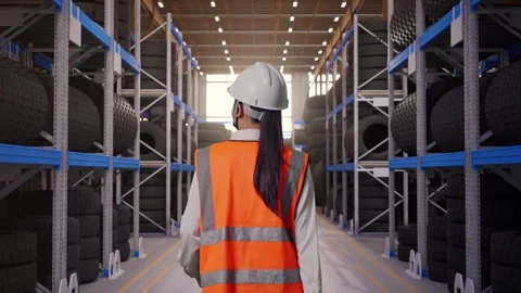 Back of Asian Female Engineer Holding Tablet While Walking at Tire Warehouse Stock Footage 341784686