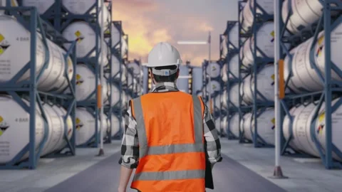Back of Asian Male Engineer Holding Tablet While Walking with Chemical Tanks Stock Footage 340826489