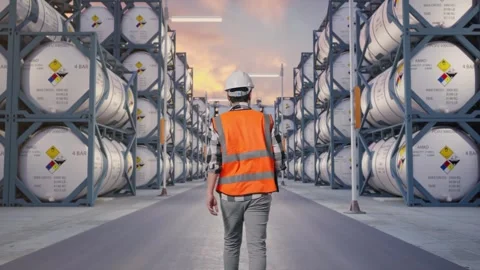 Back of Asian Male Engineer Holding Tablet While Walking with Chemical Tanks Stock Footage 340827745