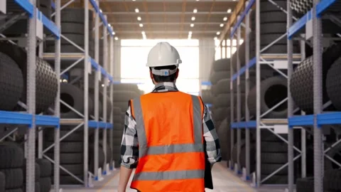 Back of Asian Male Engineer Holding Tablet While Walking at Tire Warehouse Stock Footage 341783630