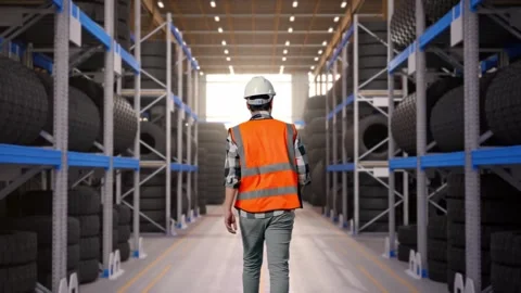 Back of Asian Male Engineer Holding Tablet While Walking at Tire Warehouse Stock Footage 341784355