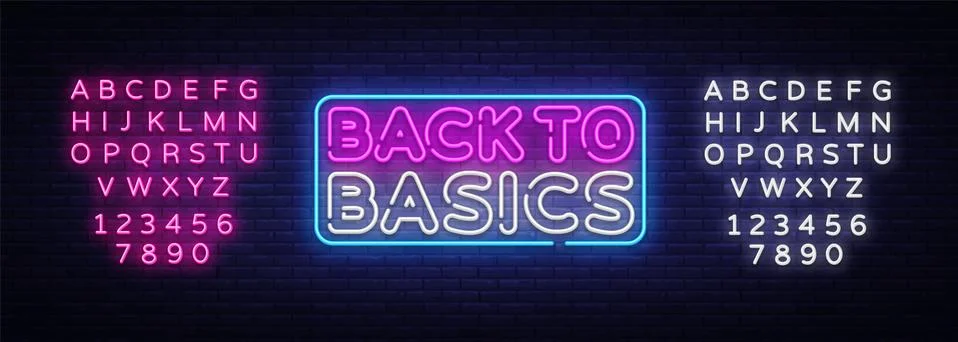 Back to Basics neon text vector design template. Back to Basics neon logo, light Stock Illustration