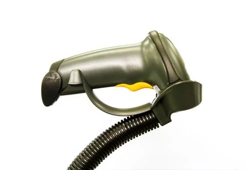 Back of black barcode scanner on white background. . 스톡 사진