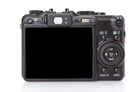 Back of black digital compact camera isolated on white Stock Photos