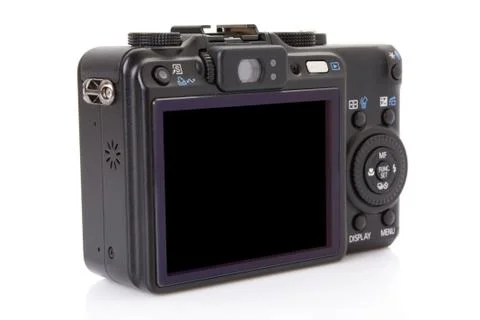 Back of black digital compact camera isolated on white Stock Photos