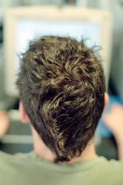 Back of a boy in front of a computer Stock Photos
