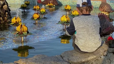 Back of boy sitting and playing at city fountain. Urban landscape Stock Footage 155378517