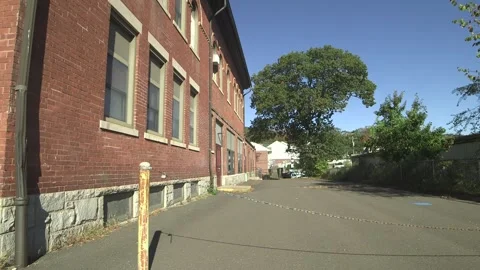 Back of brick school building, pavement alleyway, tree Stock Footage 304373172