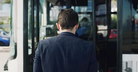 Back, bus stop and man with entrance, travel and boarding station with public Stock Photos