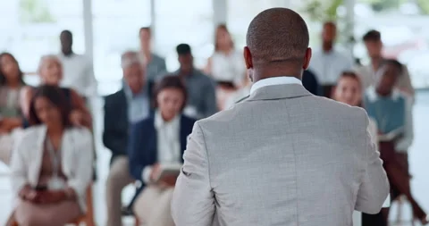 Back, business and man with speech for audience for conference, training and Vídeo Stock 320110934